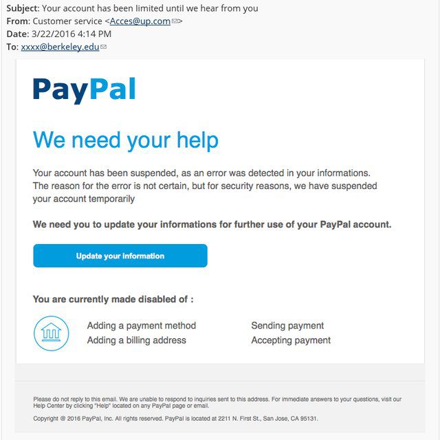 Screenshot of a phishing email purportedly from PayPal.