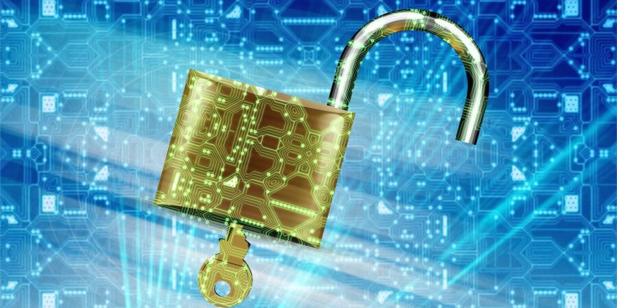 Illustration of a gold padlock and key with blue background.